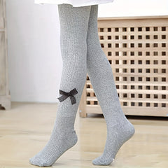 Girls Gray Mesh Bow Decor Knitted Tights
