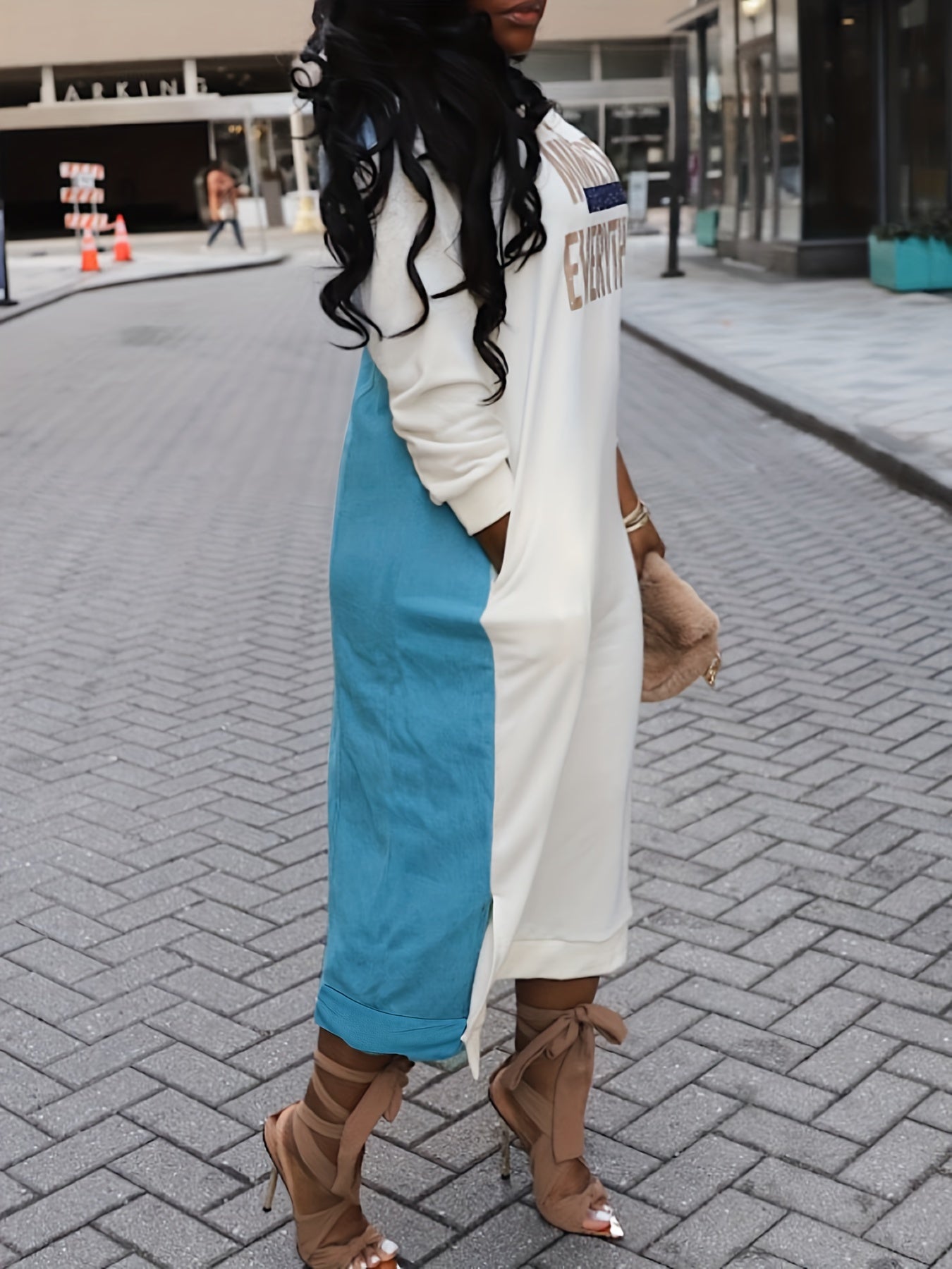 Colorblock Slogan Print Side Knot Long Sleeve Dress