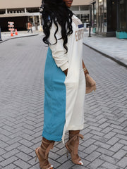 Colorblock Slogan Print Side Knot Long Sleeve Dress
