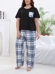 Plaid Print Tee & Pants Lounge Set - Women's Casual 2 Piece