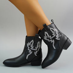 Women's Embroidery Western Boots Slip On Ankle Boots
