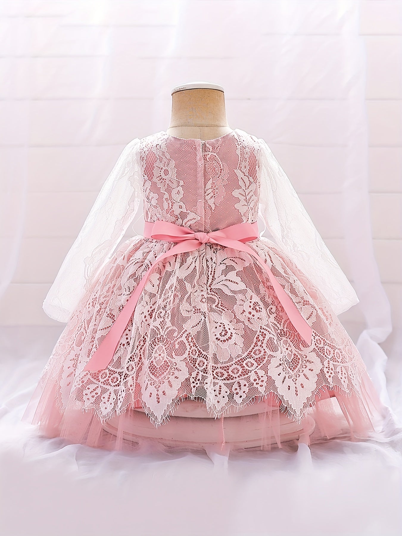 Girls Lace Floral Gown Princess Dress Long Sleeve Mesh Tutu Dress