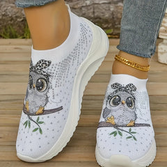 Women's Owl Cartoon Print Rhinestone Tennis Shoes Lightweight Non slip