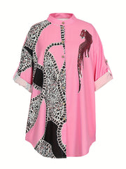 Casual Blouse Women's Plus Chain & Leopard Print Button Up