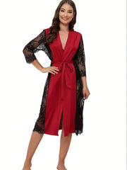 Lace Stitching Lounge Robe V Neck Long Sleeve with Belt Women's Loungewear