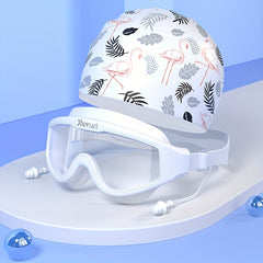 Animal Print Swimming Glasses Set with Swim Cap - Anti-fog Goggles and Hat Combo