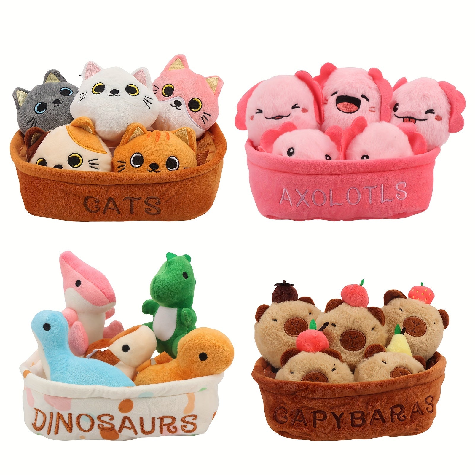 Cute Cat Dino Axolotl Plush Toy Set with Fruits & Basket