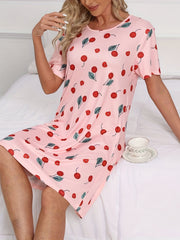 Cherry Print Lounge Dress Short Sleeve Women's Sleepwear