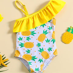 One Shoulder Swimsuit with Pineapple Graphic and Ruffled Trim