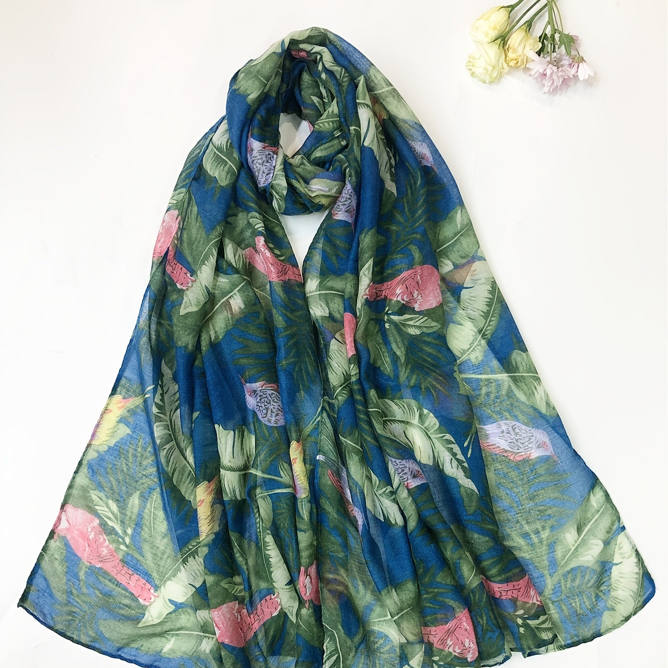Green Voile Scarf Rainforest Bird Print Boho Shawl Head Wrap Bandana
