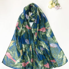 Green Voile Scarf Rainforest Bird Print Boho Shawl Head Wrap Bandana