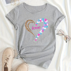 Floral Leopard Print Casual T Shirt Round Neck Short Sleeves Soft Sporty