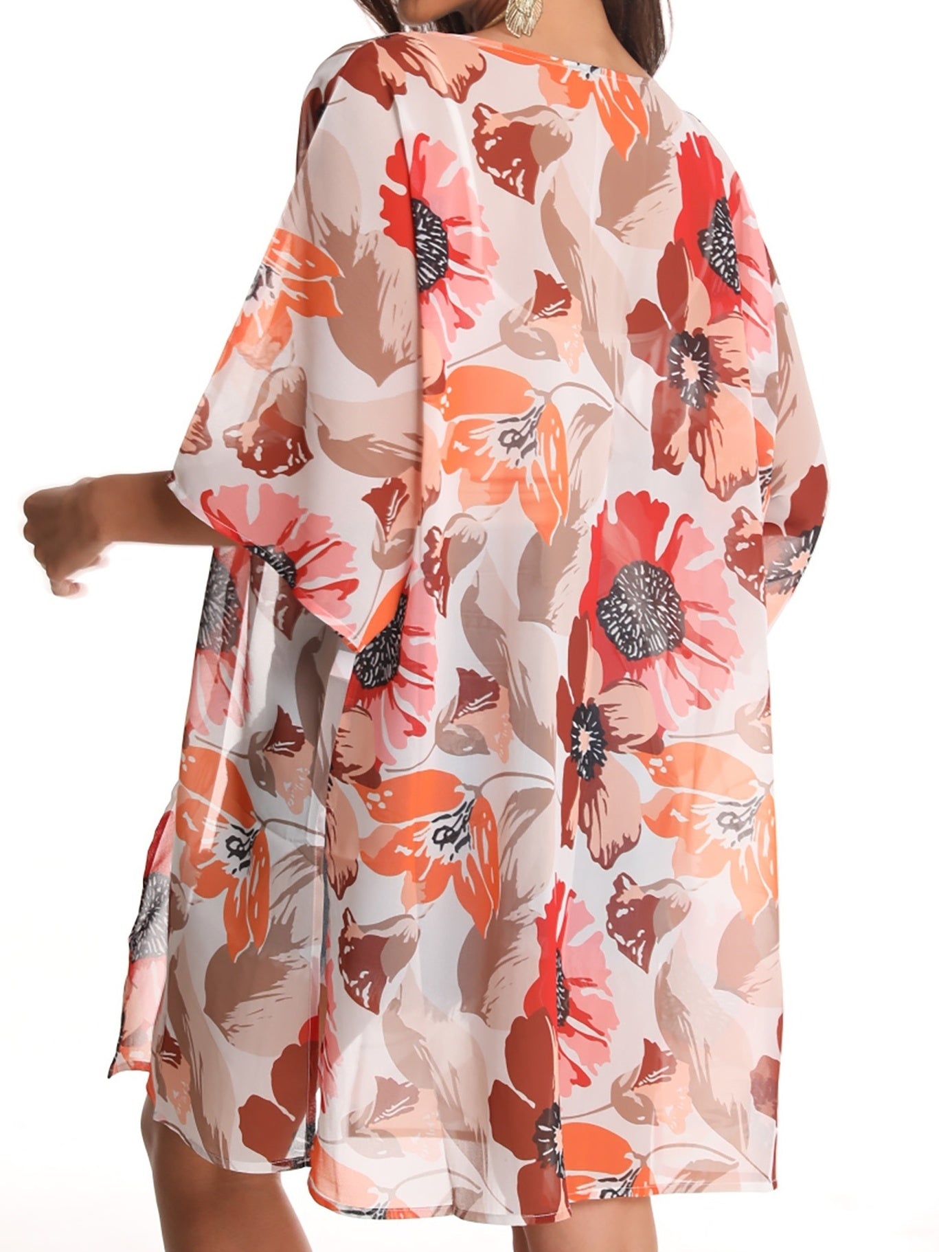 Floral Dolman Sleeves Chiffon Cover Up Kimono