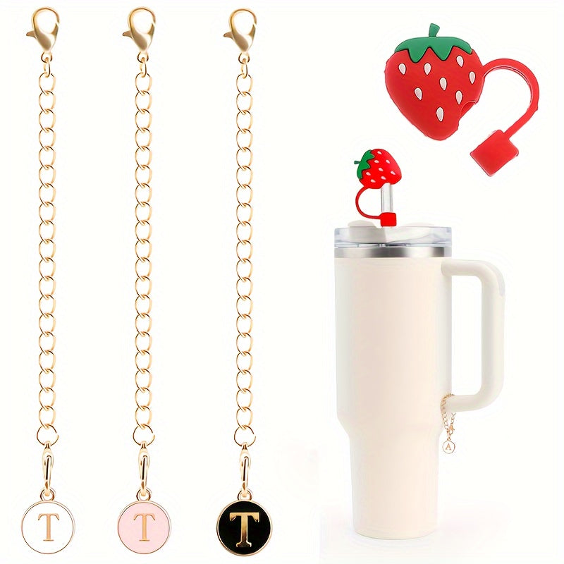 3pcs Initial Letter Chain Charm & 1pc Strawberry Straw Tip Cover for Water Cup