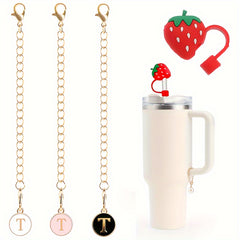 3pcs Initial Letter Chain Charm & 1pc Strawberry Straw Tip Cover for Water Cup