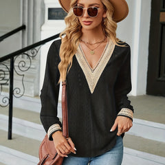 Colorblock Lace Long Sleeve V Neck Top
