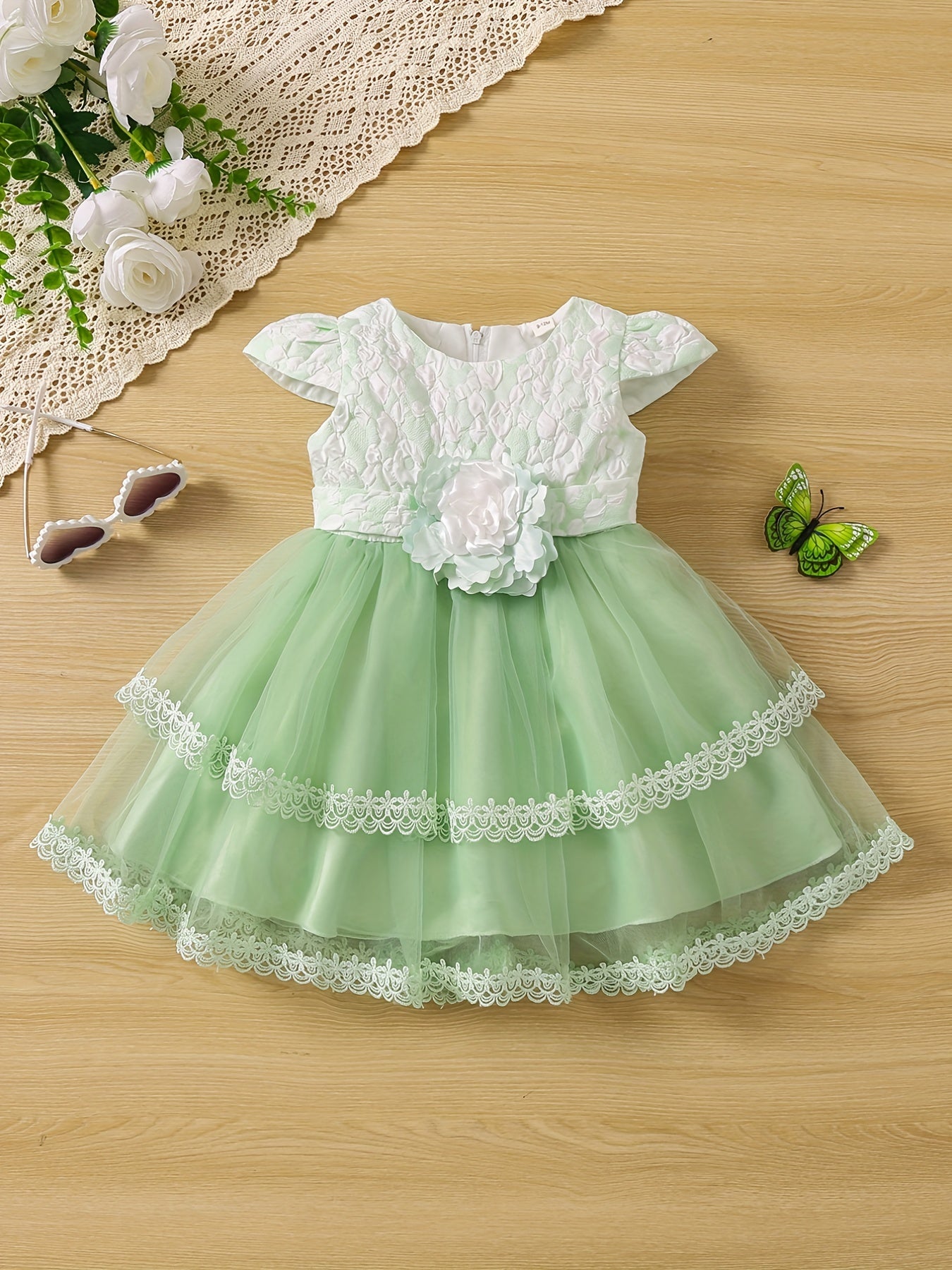 Mesh Puffy Princess Dress Flower Decor Flutter Sleeve