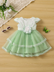 Mesh Puffy Princess Dress Flower Decor Flutter Sleeve