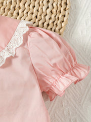 Baby Girls Lace Doll Collar Shirt Ruffled Cuff Short Sleeve Cotton Blouse