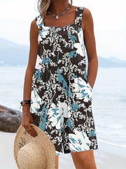 Floral Print Button Decor Romper With Pockets