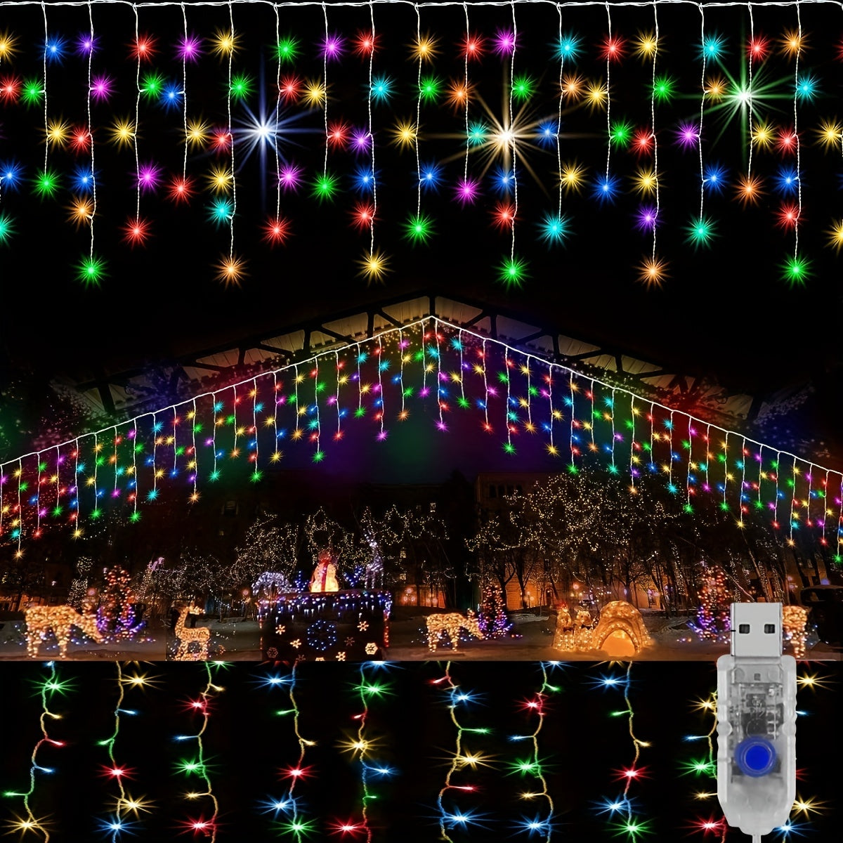 4m 13ft 90LED Icicle Lights Outdoor Decoration 8 Modes USB Plug In Waterproof