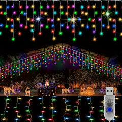 4m 13ft 90LED Icicle Lights Outdoor Decoration 8 Modes USB Plug In Waterproof