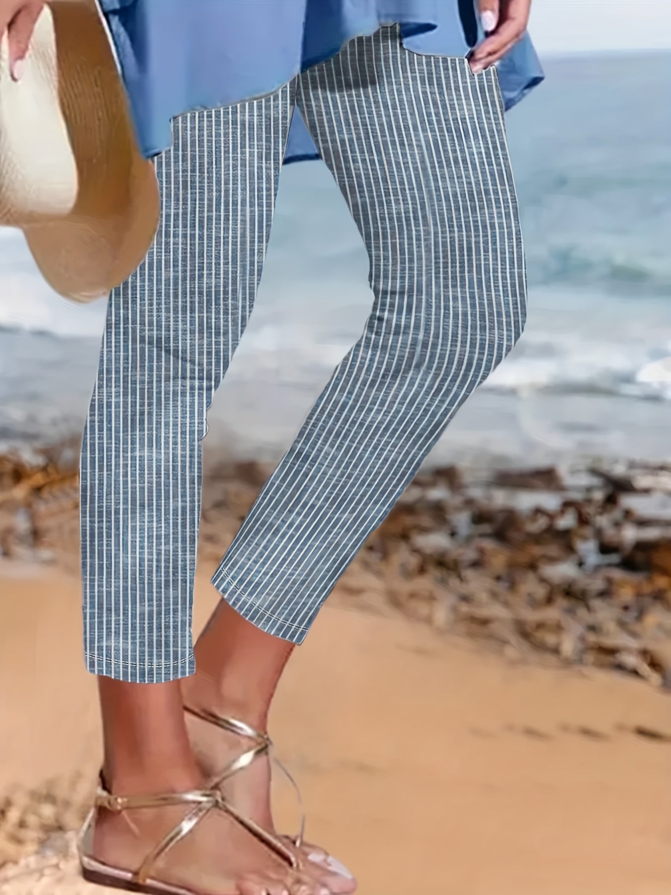 Striped Print Leggings Casual Long Length Versatile Leggings