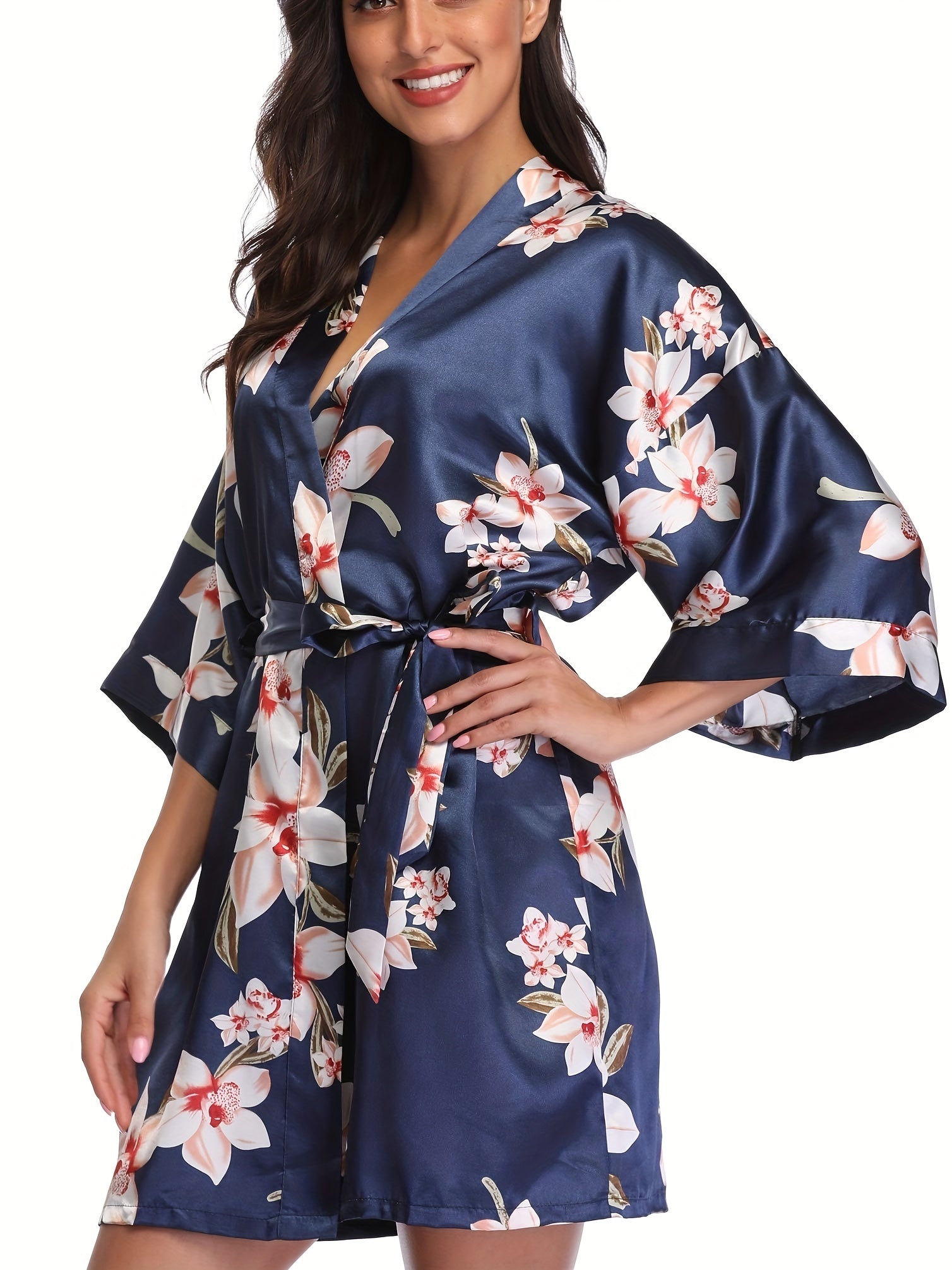 Floral Print V-Neck Night Robe With Belt