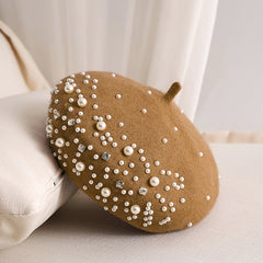 Faux Pearl Rhinestone Beret Winter Thermal Hat - Chinese New Year Gift