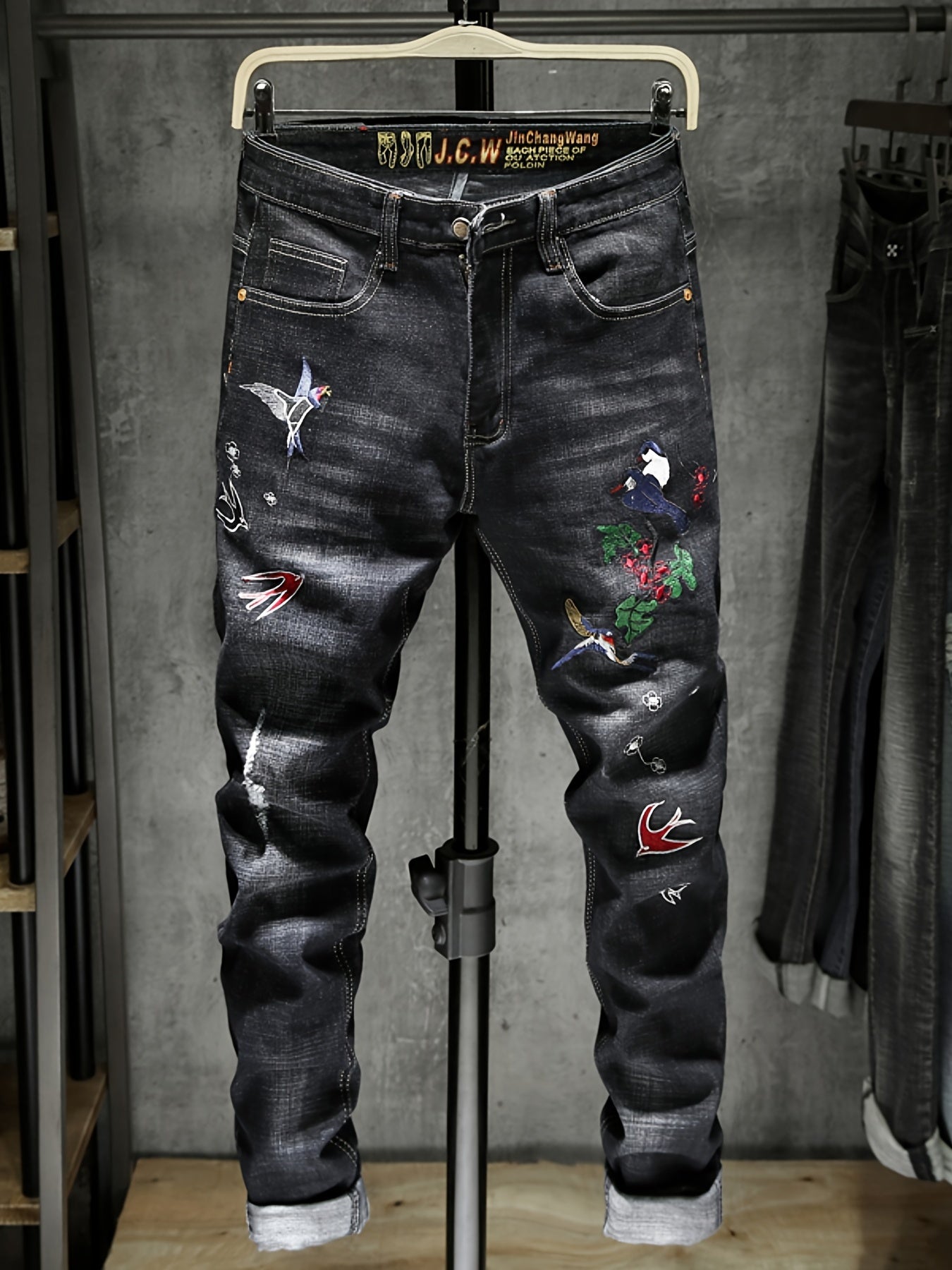Men's Embroidered Denim Jeans Slim Straight Stretch Pants