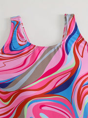 Ripple Print Round Neck One Piece Swimsuit Sleeveless High Strech
