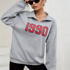 1990 Print Pullover Sweatshirt Long Sleeve Polo Collar for Fall & Winter