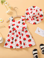 Girls Strawberry Print Sleeveless Dress & Hat Set