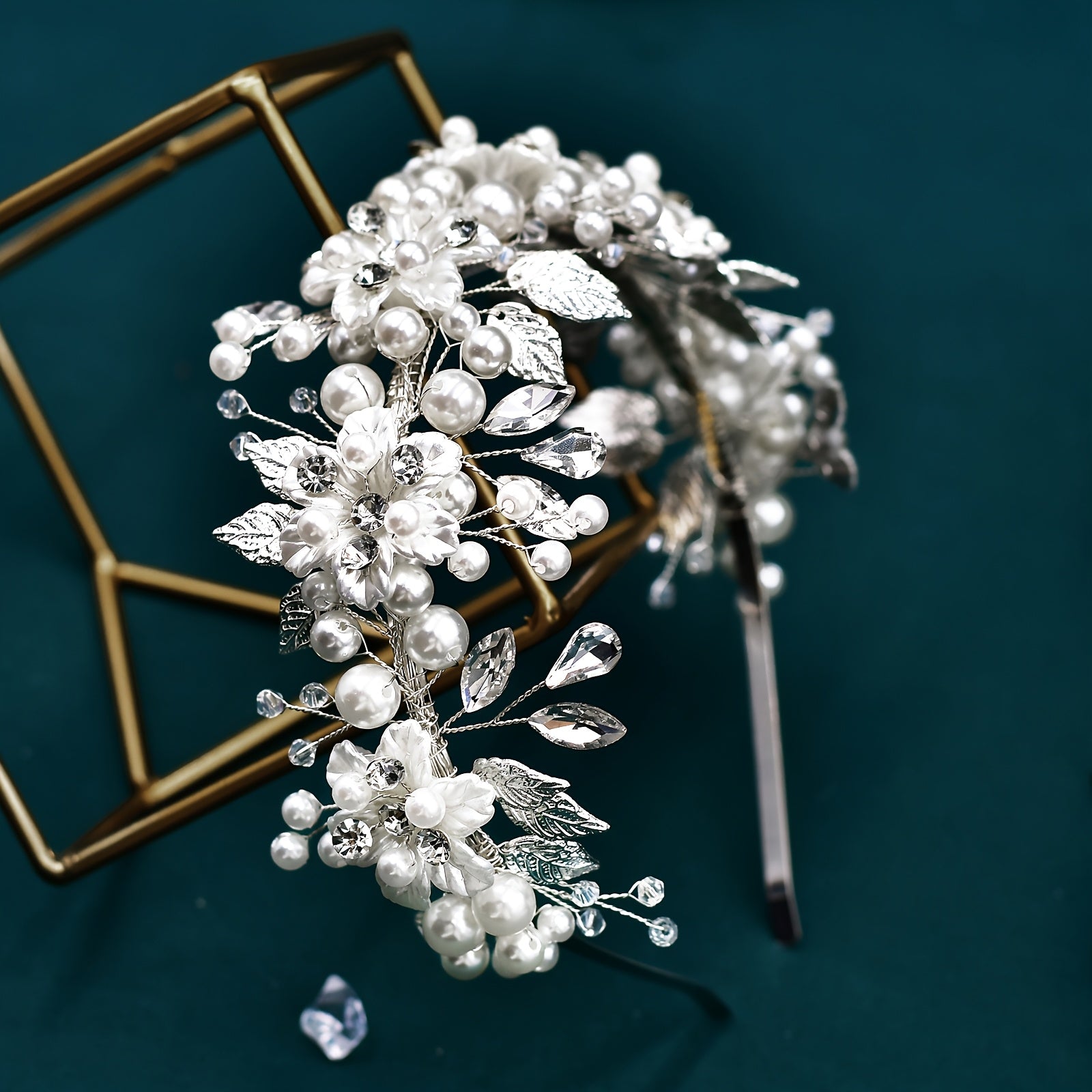 Bridal Headband with Rhinestones & Shell Flowers