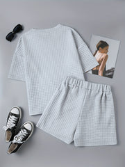 Waffle Casual Two piece Set T shirt & Shorts Women's Clothing