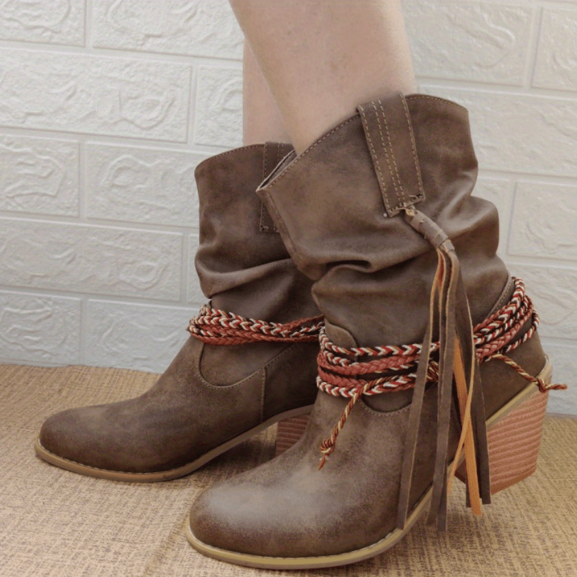 Women's Tassel Western Boots Straw Woven Chunky Heel Cowboy Shoes