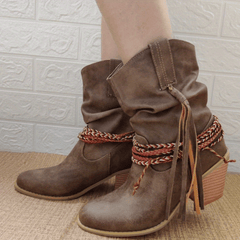 Women's Tassel Western Boots Straw Woven Chunky Heel Cowboy Shoes