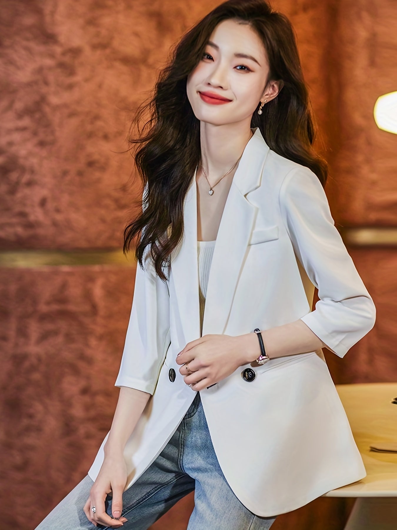 Casual 3/4 Sleeve Blazer Open Front Solid Outerwear