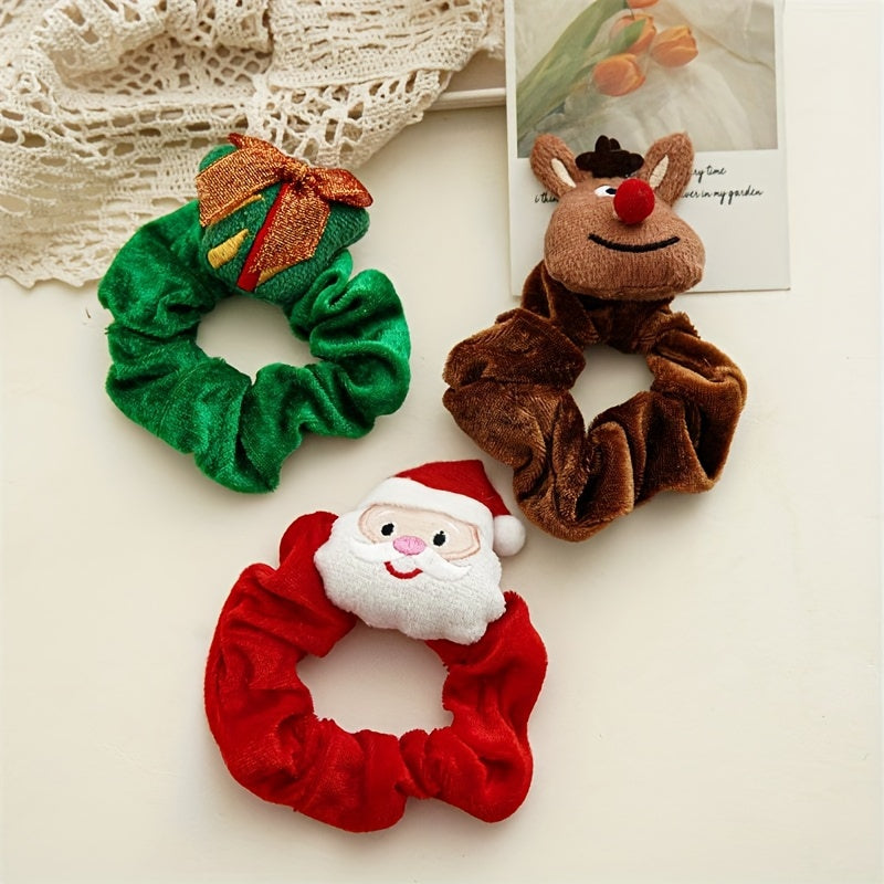 3pcs Christmas Cartoon Hair Ties Set Santa & Elk & Tree Charm Elastic Headbands