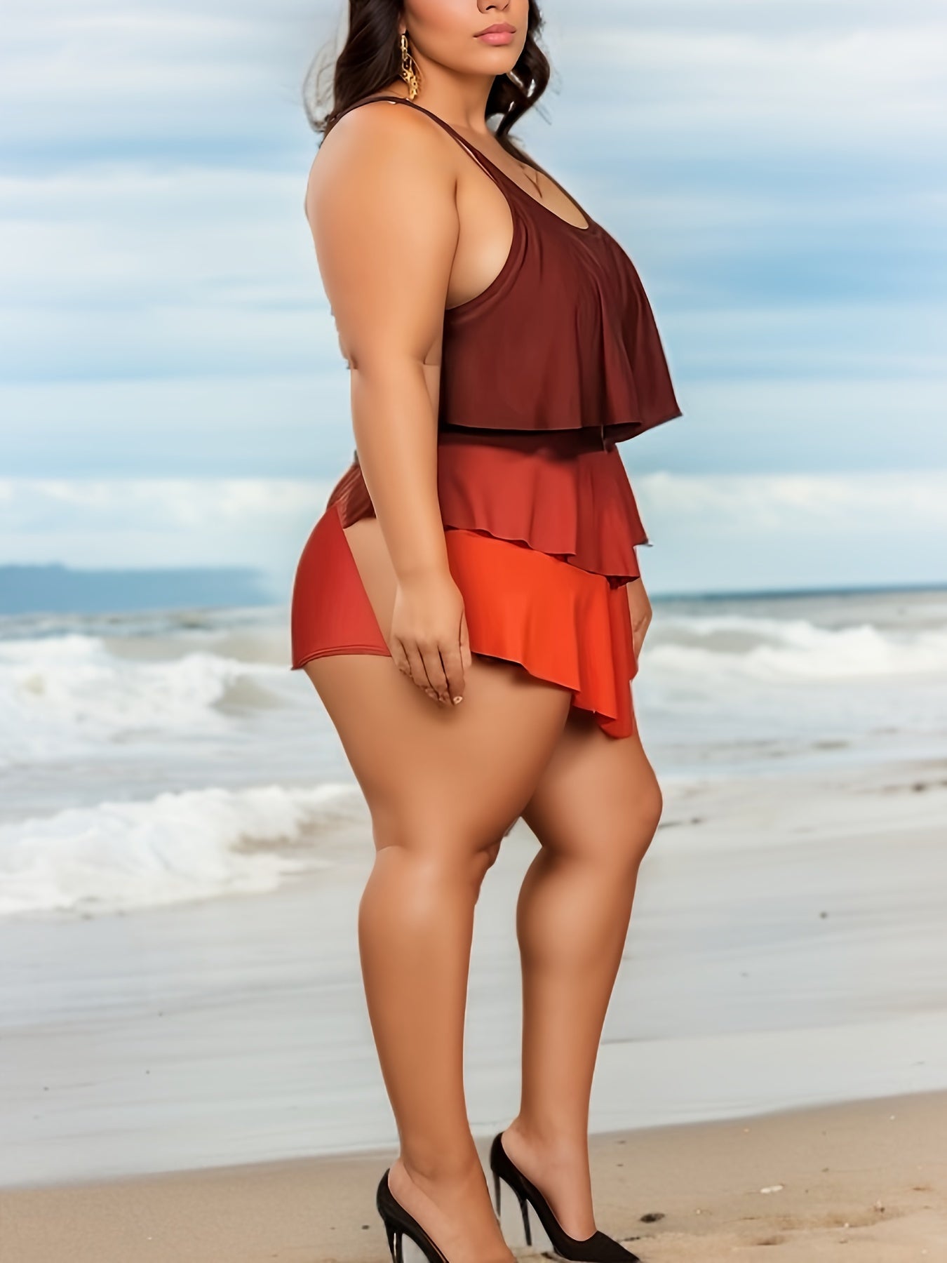Modest Swimsuit Colorblock Ruffle Trim One Piece Bathing Suit