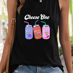 Drink & Letter Print Sleeveless Sports Vest Round Neck Casual Top