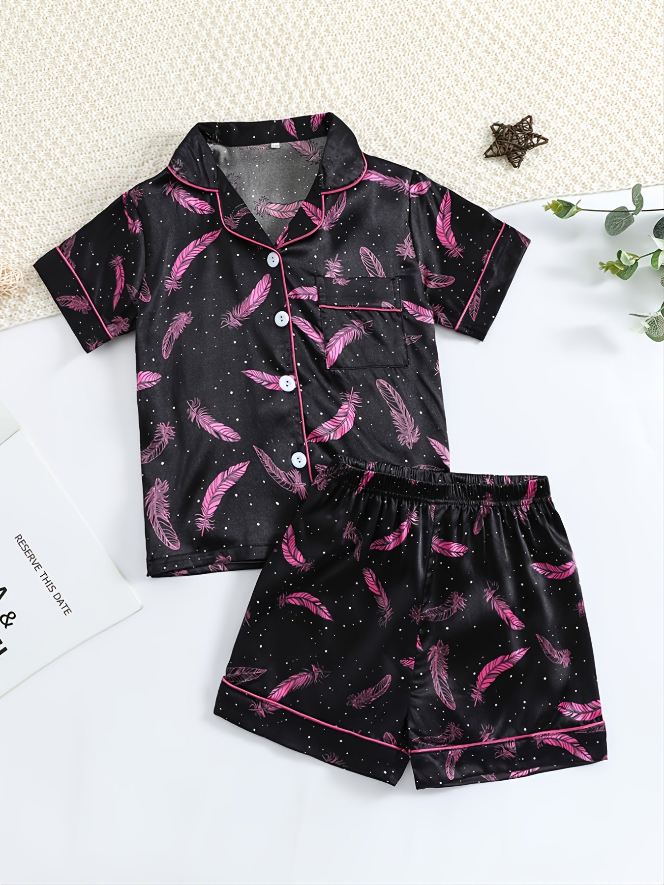 Girls Pink Feather Printed Pajama Set