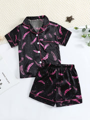 Girls Pink Feather Printed Pajama Set