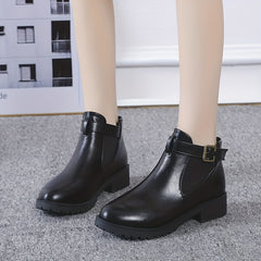 Women's Buckle Ankle Boots Round Toe Block Heel Shoes
