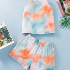 2pcs Girls Tie Dye Cami Top & Shorts Set Kids Summer Clothes
