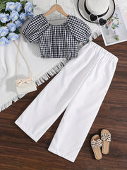Girls Checkerboard Puff Sleeve T shirt & Pants Set For Summer