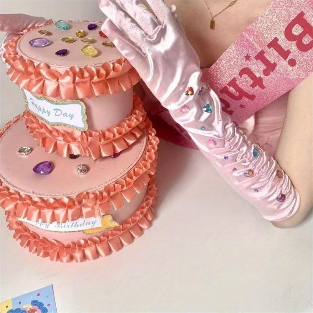 Pink Satin Rhinestone Gloves for Women