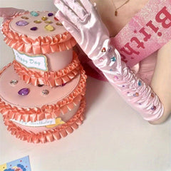 Pink Satin Rhinestone Gloves for Women