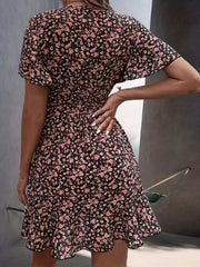 Floral Print V Neck Flutter Sleeve Dress