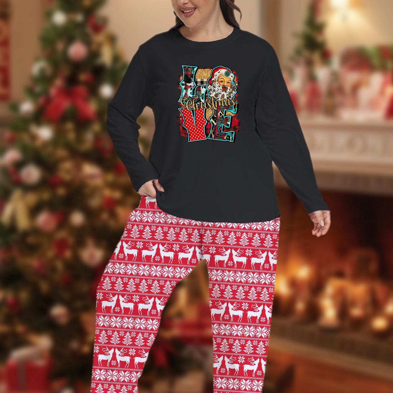 Christmas Casual Pajamas Set Santa Claus & Elk Print Tee